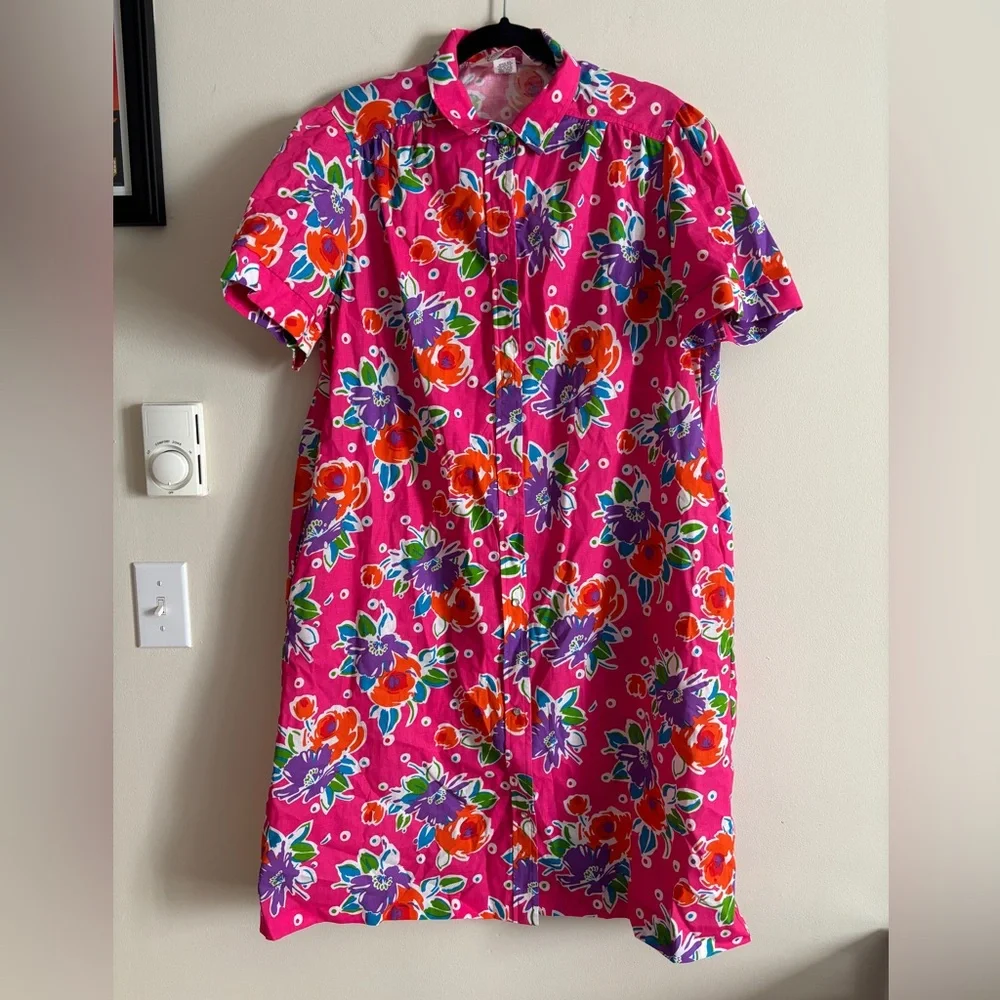 VTG EUC‎ 70s Evelyn Pearson XL Pearl Snap House Dress Floral Pockets Hot Pink